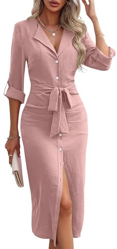 ORANDESIGNE Robe Chemise Femme Chic Et Elegant Ajusté Chemisier Long Manche Longue Blouse Bureau Robe Business Genoux Crayon Moulante Robe Ouverte Bouton Devant De Soirée Rose L