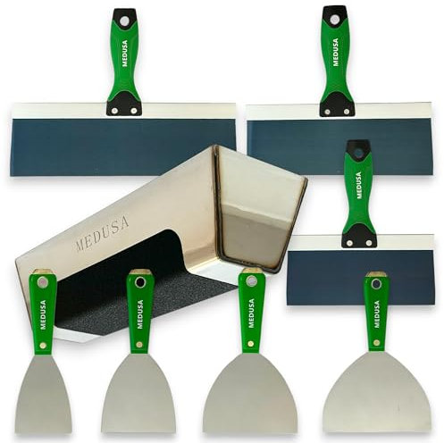 Medusa's Carbon and Blue Steel Drywall Taping Knife set with S.S. 12 Mud Pan And Grip: Classic Style Light Handles with Strong Flexible Blades, Note to Beginners All blades will Rust, watch video