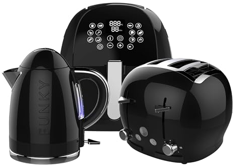 FUNKY Retro Kettle, Toaster and Air fyer Kitchen Set, 1.7L Easy Pour Kettle, Large Deep and Wide Toaster, 1700W 5.5L Air Fryer - Black