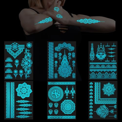 AOZUO 6 Blauer Blätter Blauetattoos, Festivaltattoos Zubehör Leuchttattoos Leuchtende Mandala Blume Künstliches Temporäres Körpertattoo für Frauen und Erwachsene