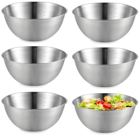 BORDEAG Bols À Mélanger en Métal, 6 Pièces Bols en Acier Inoxydable, Bols Mélangeurs, Bol à Mélanger, Bol à Mixer en Inox pour Cuire et Servir, Saladiers et Bols à Collation, Argent(16.8cm)