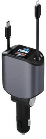 PLDHPRO Einziehbares Kfz-Ladegerät 4-in-1 Handy-Ladegerät für Autos 80W mit 0,8 m USB-C- und iOS-Kabel 12V/24V kompatibel mit iPhone16/15/14/13/12/SamsungGalaxys25/s24/s23 Pixel/iPad-Grau
