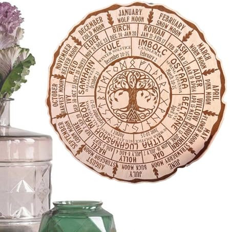 Anloximt Kalender Baum des Lebens, Wicca-Kalender | Rundes handgefertigtes Vintage-Himmelzeichen aus Holz | Handgefertigtes Vintage-Himmelzeichen für Wicca-Feiertage, Yule-Altar, Weihnachtsdekoration