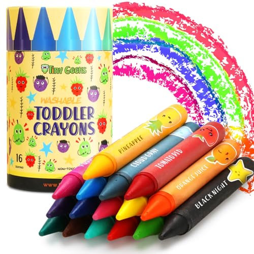 TinyGeeks 16 Colors Jumbo Crayons + Non-Toxic for Toddlers 1-3 | Washable for Kids Ages 4-8 | Easy to Hold Large Crayons | For Toddlers 2-4 Years | Travel Set