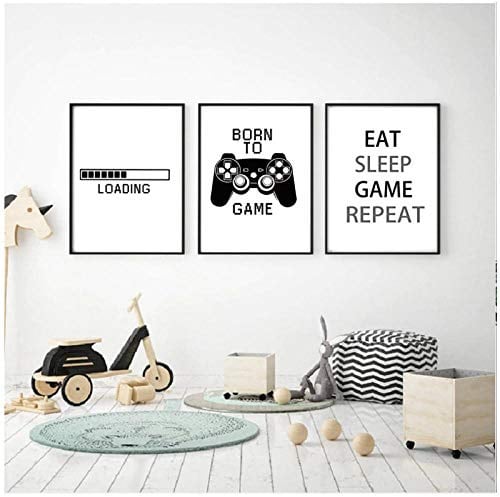 AdoDecor Bilder auf Leinwand Spielzimmerdekoration für Jungen Wandbilder Wohnzimmer Bilder Set Schwarz-weiße Illustration Gamer-Zitate Bild Schlafzimmer Badezimmer(Ungerahmt)