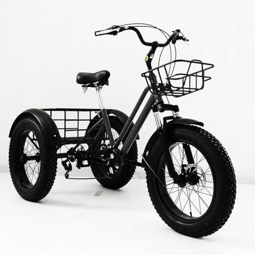 sjdoPulse 20-Zoll-Dreirad Für Erwachsene Mit 7 Gängen, Dreirädrige Rikscha-Fahrräder, Dreirädriges Beachcruiser-Dreirad, Dreirädriges Cruiser-Fahrrad Mit Einkaufskorb Für Senioren (Schwarz)