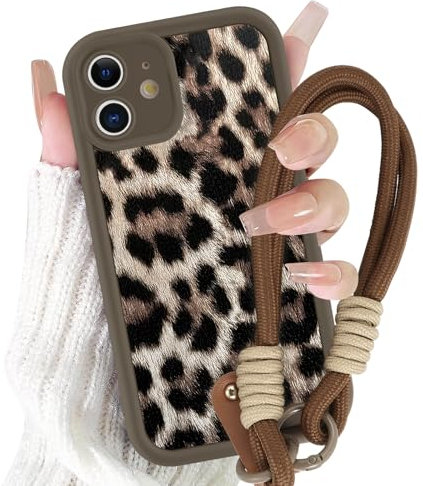 Yirlbey Handyband Handyhülle für iPhone 11 Hülle mit Band Kette, Schnur Schutzhülle mit Aesthetic Leopard Muster mit Kordel zum Umhängen Cover, Stoßfest Silikon Case für iPhone11 6,1, Braun 2