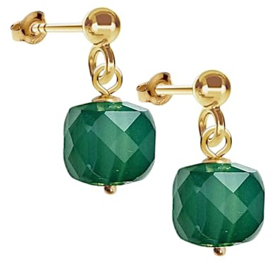 I.L.U.S Damen Grüner Onyx Ohrringe Vergoldet Natur Kristall Ohrring Naturstein Ohrstecker Edelstein Schmuck Damen Gold Ohrschmuck Vintage Grün Edelstein Ohrstecker Gold