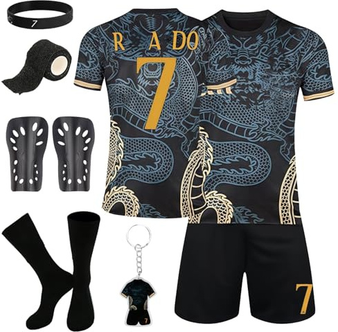Pianocean Boy's Kids Football Kit, No. 7 Jersey with Shorts, Socks, Guard Plate, Silicone Bracelets, Keychain, Crew Neck, Short Sleeve, Polyester, 8-9 Years, Age 8-9, Blue