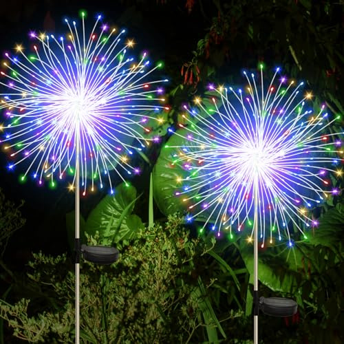 CNMTCCO 2 Stück Solar Feuerwerk Gartenlichter, Solar Garten Dekorative Lichter mit 120 LED,Solarstecker Gartenleuchten für Hinterhof Weg Rasen Terrasse (2 Stück farbige Feuerwerkslichter)