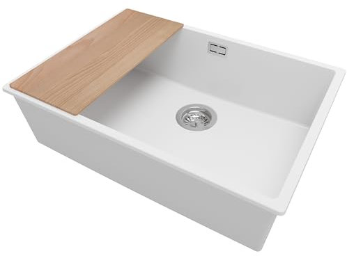 PRIMAGRAN Evier Cuisine en Granit Blanc 66x47cm, Lavabo 1 bac + Kit de Vidage + Planche à Découper, Évier à Encastrer au meuble 70cm - London Slim