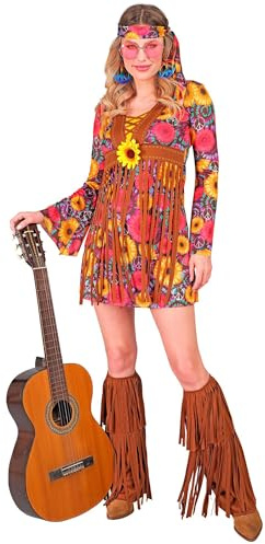 WIDMANN MILANO PARTY FASHION W Hippie Kostüm Damen | Kleid mit Stirnband und Stiefelüberziehern, Flower-Power-Look für 70er Jahre Partys, Karneval