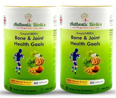 Authentic Biotics Vegan Joint Support – 2x60 Capsules with Calcium, Magnesium, Zinc, Vitamin D3, K2 & Turmeric – Multivitamin for Bone Strength, Muscle Function, Mobility & Flexibility – Men & Women