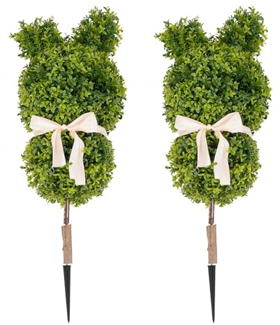 DOPBENT 2 Stück Bunny Topiary, 90 cm Künstlicher Buchsbaum Hase Gartenstecker, Hasenformschnitt-Baum, Osterhasen-Formschnittbäume mit Erdspieß für DraußEn, Gartendekoration
