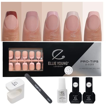 Ellie Young PROTIPS 150pcs Neutral & Nude French Nail Tip Pre-designed Press-On Nails, 15 Sizes Soft Gel Nail Extensions for Easy DIY (Short Square Set)