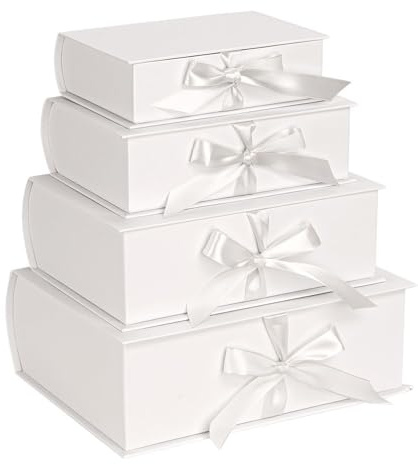 Ideen mit Herz Geschenkboxen Buch mit Deckel | Pappboxen in Buchform | 4er Set | 4 verschiedene Größen (18,5-27,4 cm) | aus stabilem Karton | ideal für Weihnachten & Geburtstag | weiß