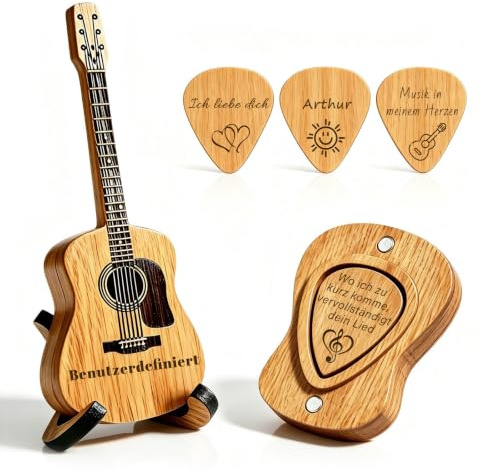 QSZ Personalisierte Plektren Gitarre Box mit 3 Plektrum | Personalisierter Gitarren Plektrum Halter aus Holz Individuell Gravierten Text Name Geschenk für Gitarrenliebhaber Musiker
