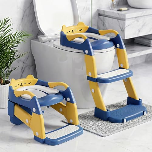 Adaptador Wc Niños, 2 in 1 Upgraded Orinal Portatil, Oso | Reductor Wc Niños, Pedal & Parasalpicaduras Extendido, Asa Ensanchada, Cojín Suave, Antideslizante Plegable, Azul Amarillento