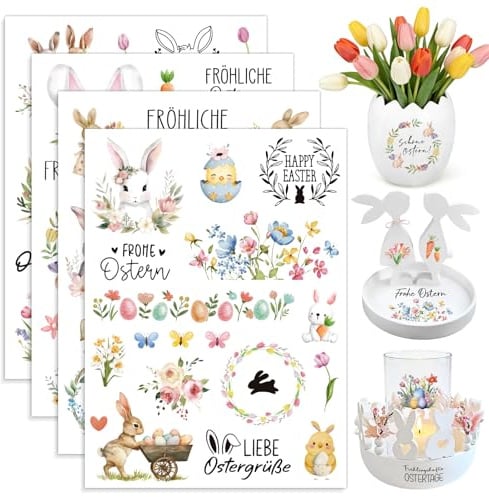 4 Blätter Rub On Sticker Ostern Bunte Sprüche Ostern Aufkleber Frohe Ostern Sticker Ostereier Osterhasen Blumen Transferaufkleber Rub On Folie Frühling für Scrapbooking Glas Möbel Glas Holz Keramik