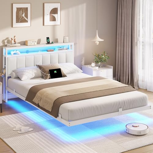 AOGLLATI Cadre de Lit 140x200 avec Multiprise et Éclairage LED, Lit 2 Personnes Flottant avec Tête de Lit Rangement, avec Sommier en Métal, Structure Stable, PU Blanc(sans Matelas)