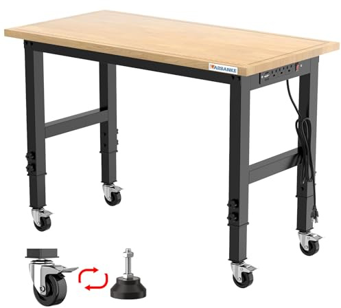 LARBANKE 120cm Werkbank aus Gummibaumholz für schwere Lasten mit Präzisionsskala, Belastbarkeit 910 kg,die Werkbank mit Rollen ist in 5 Stufen höhenverstellbar,Anwendbar in Vielen Situationen