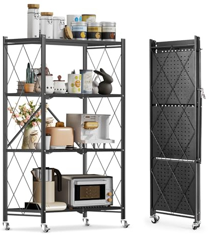 HomeMiYN Klappregal, 4Regal Bücherregal, Küchenregale, Haushaltsregal mit Rollen, Regal, 71x34x121cm, Montagefrei & Stabil, Metallregal zur Aufbewahrung für Garage, Keller, Speisekammer, schwarz