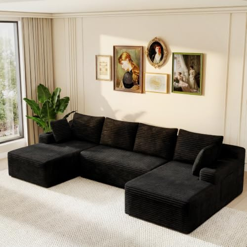 HAUSPROFI Sofa U Form mit Getränkehalter & Seitentaschen, Boneless Couch,Modulares Sofa 5 Kissen,Cord Couch mit Schlaffunktion, Cord Sofa für Wohnzimmer, Ohne Montage, 266 x 170 x 83cm, Schwarz