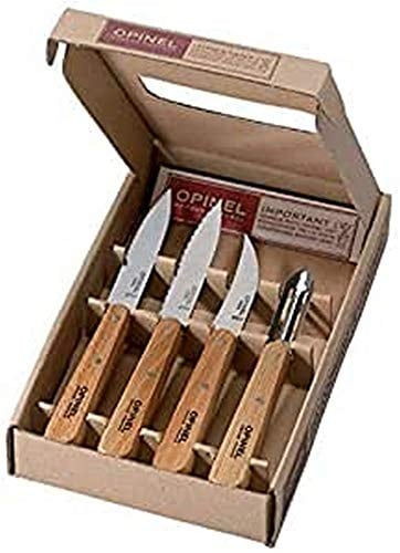 Opinel 001300 Estuche Esenciales Mango de haya barnizada Natural N° 112 patatero N°113 dentado N°114 cuchillo para verdura N°115 pelador, Buchenholz, Stahl, Mehrfarbig