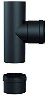 Articolo fumisteria, canna fumaria, Linea Pellet: Raccordo a T 90 ° femmina-maschio, diametro 80 mm (completo di tappo raccogli condensa colore nero)