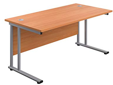 Office Hippo Heavy Duty Rectangular Home or PC Desk, Table, Integrated Cable Ports, 5 Yr Wty, Silver Frame, Beech Top, 160cm x 80cm
