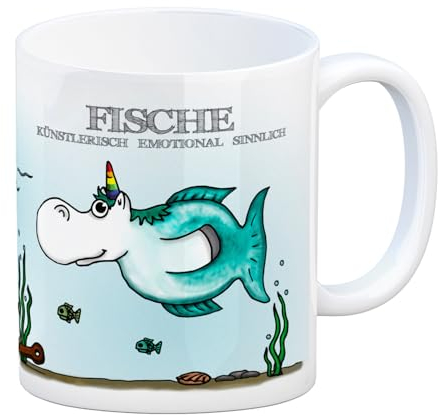 Honeycorns Kaffeebecher mit Sternzeichen Fische Motiv Tasse Kaffeetasse Becher mug Teetasse Büro Einhorngeschenk lustig witzig Einhorntasse Astrologie Tierkreiszeichen Sternbilder Geburtstag Geburt