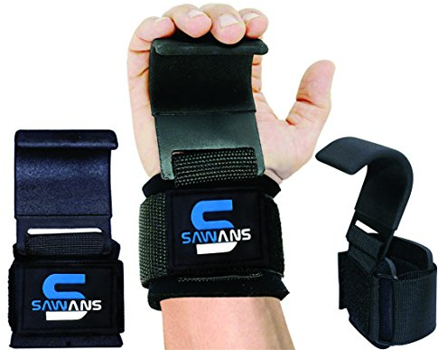SAWANS Gewichtheberhaken, Handgelenkstütze gepolstert, Neopren, gummierte Stange, 8 mm, Power-Handgelenkriemen Paar Hebebänder mit Haken, Fitness-Hakenstange, Power-Gewichtheben (Schwarz)