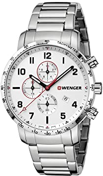 WENGER Herren Armbanduhr Attitude Chronograph Ø 44mm, Swiss Made, Analog Quarz, Wasserdicht bis 100m, Edelstahl-Armband, Silberweiß/Silber, 01.1543.110