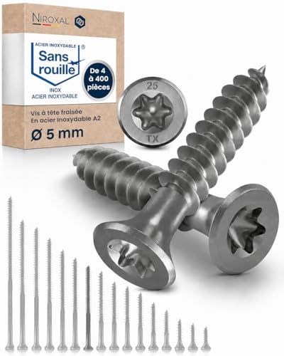 Tornillos para madera de acero inoxidable A2 con cabeza avellanada Torx TX25 – Rosca parcial – 5 x 60 mm – 400 unidades – Tornillos universales para madera