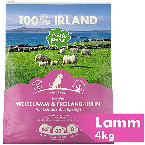 Irish Pure Trockenfutter Adult | 4kg | Weidelamm & Freiland-Huhn mit Kelp-Alge | Hoher Fleischanteil | Getreidefrei | Sensitiv | Hundetrockenfutter | Hundefutter für alle Rassen
