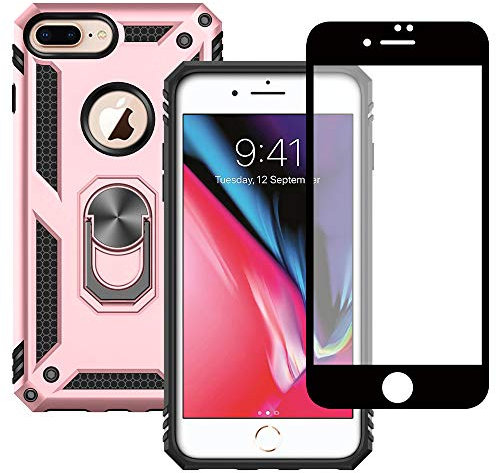 Yiakeng iPhone 8 Plus Hülle, iPhone 7 Plus Hülle mit Schutzfolie, Stoßfest Schutzhülle Mit Ring Standfunktion Case Cover für iPhone 8 Plus/7 Plus (Roségold)