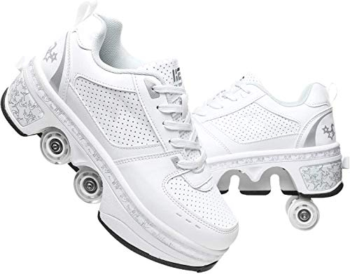 qmj Rollschuhe Mädchen, Schuhe Mit Rollen Für Mädchen Deformation Rollschuhe Ausklappbare Schuhe Rollen Quad Turnschuhe Mit Rollen Verformbare Rollen Schuhe,White-EU35/UK2