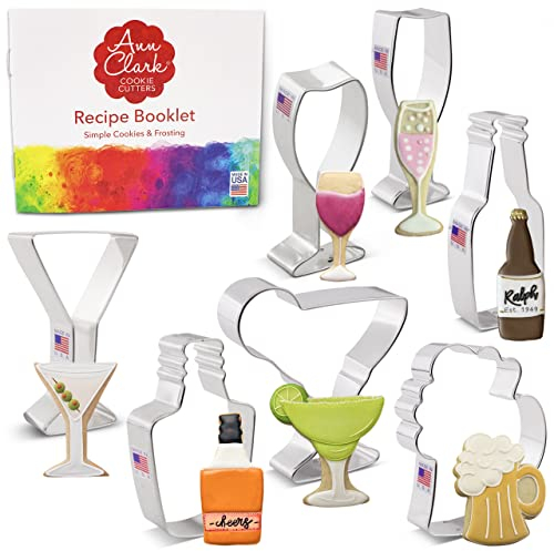 Cocktail Party Cookie Cutters 7-Pc. Set Made in the USA by Ann Clark, Beer Bottle, Beer Mug, Martini Glass, Wine Glass and More