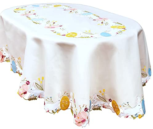 Simhomsen Ovale Tischdecke mit bunten Eiern und Hasen, Bestickt, für Ostern oder Frühling (oval, 140 x 213 cm), cremefarben