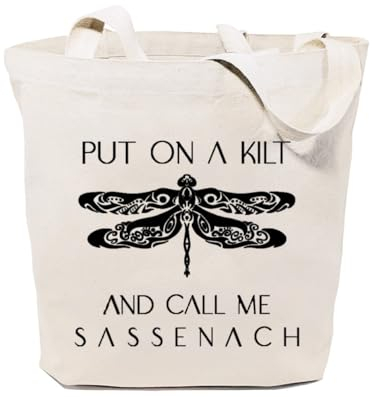 GXVUIS Libelle Leinen-Tragetasche für Frauen, Put on a Kilt and Call Me Sassenach, wiederverwendbare Einkaufstasche, Outlander-Geschenk, Weiss/opulenter Garten, Large