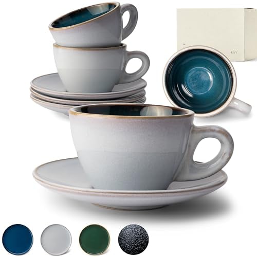 KIVY Cappuccino Tassen Dickwandig [4 x 240ml] - Handgefertigte Steingut Tasse - Kaffeetassen mit Untertassen - Cappuccinotassen Grau Blau- Milchkaffee Tassen Groß - Cappuccino Tasse mit Untertasse
