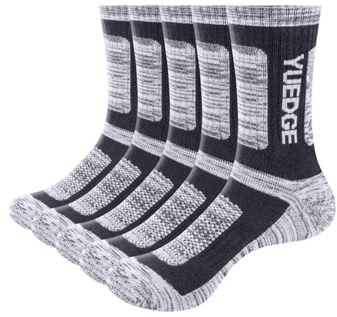 YUEDGE Men's Moisture Wicking Breathable Anti Blister Cushioned Casual Crew Socks Comfort Work Socks Multi Performance Hiking Walking Athletic Sports Socks For Men 4-8, 5 Pairs