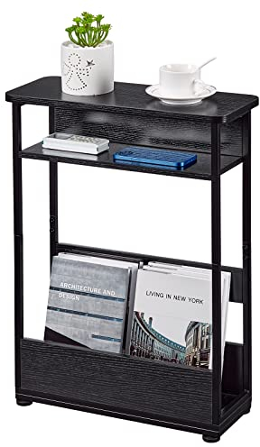 YEAKOO Narrow Side Table with Storage Shelf, 3 Tier Slim End Table for Small Spaces, Narrow Bedside Table, Small Nightstand with Magazine Rack 46x18x62.5cm