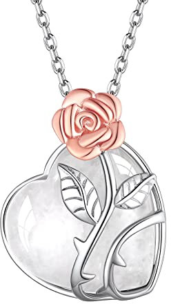 Suplight Collana donna argento 925 con ciondolo cuore pietra di quarzo chiaro naturale con fiore rosa collana donna con pietra cuore mese aprile collana argento donna