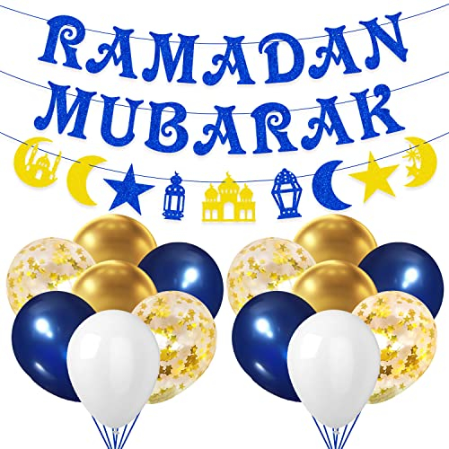 AhfuLife Ramadan Banner Deko, Ramadan Mubarak Dekoration Set - Vormontiert Ramadan Mubarak Stern Mond Ramadan Girlande mit 14 Stück Gold Blau Weiß Luftballons für Ramadan Kareem Eid Mubarak Party Deko
