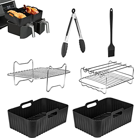 Air Fryer Silicone Liners for Ninja AF300UK AF400UK, 6 PCS Reusable Air Fryer Accessories Set Airfryer Rack for Ninja Air Fryer Dual, 304 Stainless Steel Racks with Silicone Brush & Food Clip