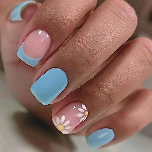 24 Pièces Carrés Court Faux Ongles French Bleu Clair Ongles à Coller Naturel Acrylique Bâton sur Les Ongles avec Dessin Ballerine Press on Nails pour Femmes et Filles DIY Nail Art