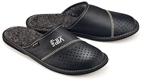 ESTRO Mens Leather Slippers Mens - Men's Leather Slippers Leather Mens Mules House Shoes Men Men Slippers MZ01 (9 UK, MZ01 Black)