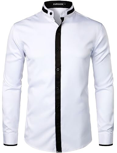 PARKLEES Men's Slim Fit Long Sleeve Button Up Casual Band Collar Shirts PZLCL34-White XXL
