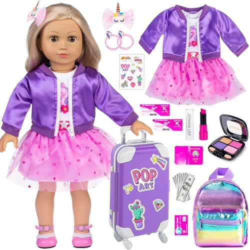 ebuddy 24pcs American 45,7 cm Reisekoffer Puppe Kleidung und Zubehör Set Enthält Mantel Kleid Rucksack Aufkleber Bargeld Spielzeug (Keine Puppe), UK-001